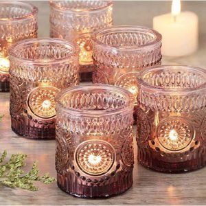 Set of 12 - Votive Candle Holders, Glass Tea Light Candle Holders  (Purple)